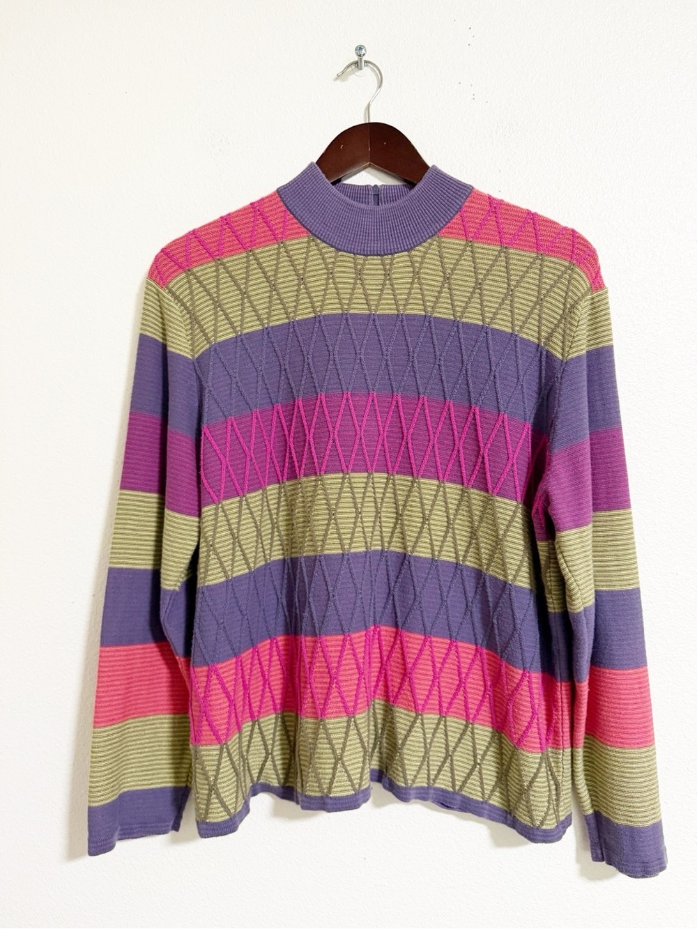 Koret Striped Argyle Textured Mock Neck Sweater Size L